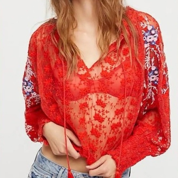 Free People red jubilee floral embroidered sheer peasant top size small - Picture 4 of 12